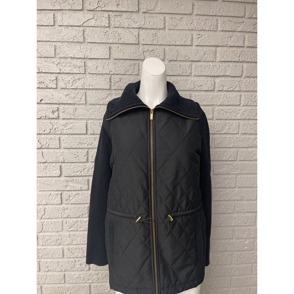 Jones New York Women's Black Front Zip-Up Quilt Kint Sweater Jack PM